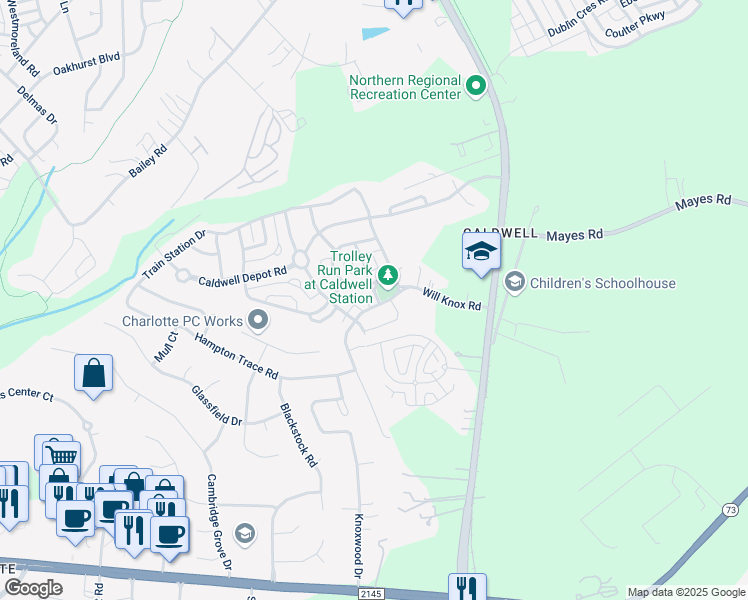 map of restaurants, bars, coffee shops, grocery stores, and more near 17619 Trolley Crossing Way in Cornelius