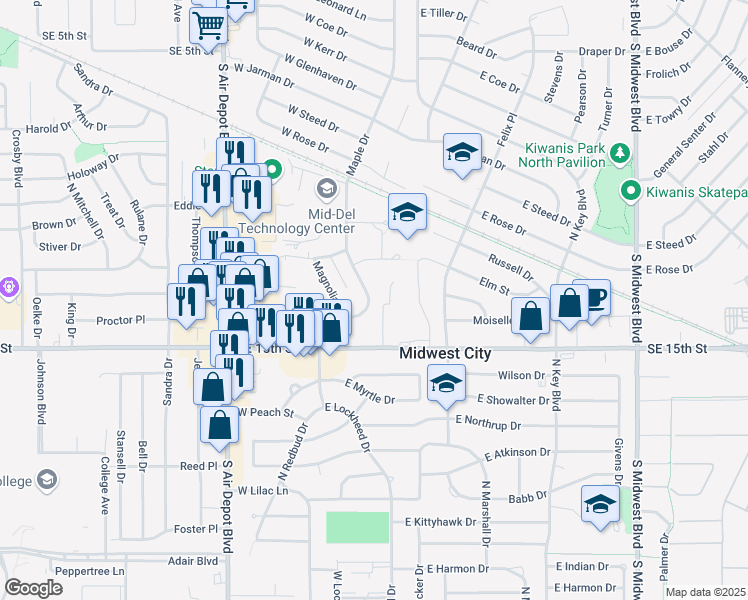 map of restaurants, bars, coffee shops, grocery stores, and more near 1428 Maple Drive in Midwest City