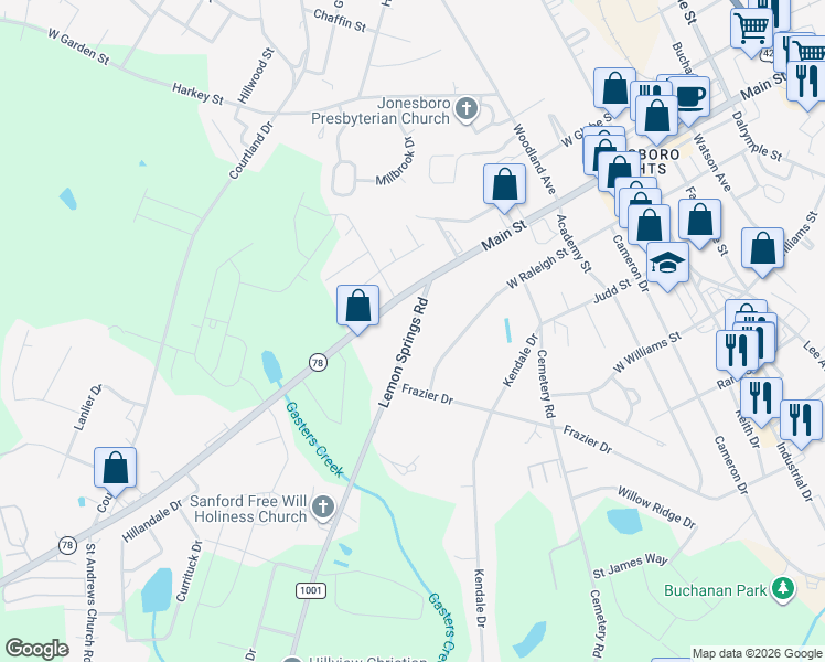 map of restaurants, bars, coffee shops, grocery stores, and more near 2606 Lemon Springs Road in Sanford