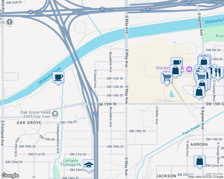 map of restaurants, bars, coffee shops, grocery stores, and more near 2942 Southwest 13th Street in Oklahoma City