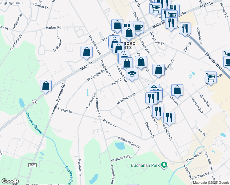 map of restaurants, bars, coffee shops, grocery stores, and more near 2414 Shawnee Drive in Sanford