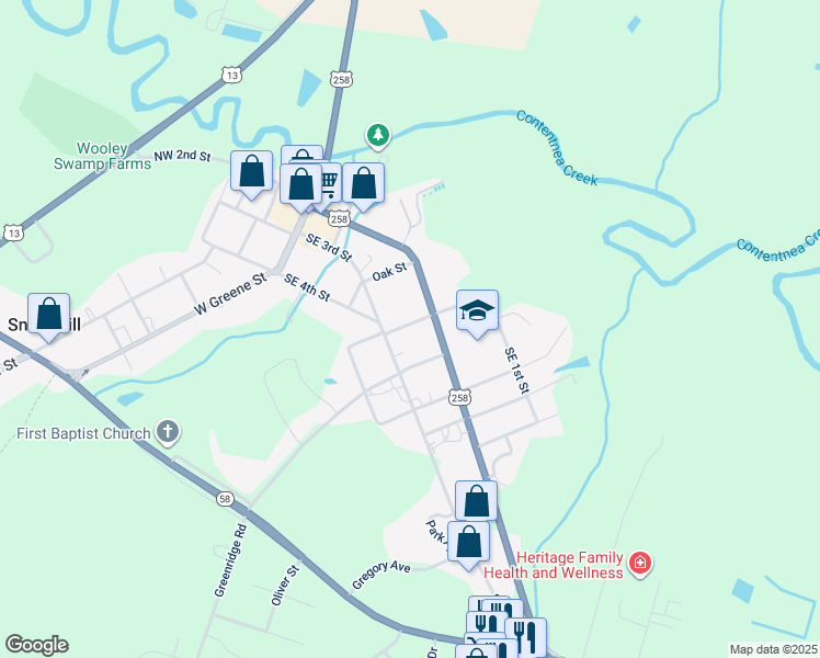map of restaurants, bars, coffee shops, grocery stores, and more near 107 Dobbs Street in Snow Hill