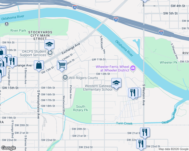 map of restaurants, bars, coffee shops, grocery stores, and more near 1437 Southwest 14th Place in Oklahoma City
