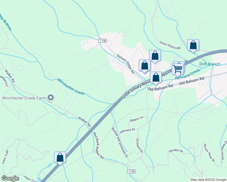 map of restaurants, bars, coffee shops, grocery stores, and more near 95 Trull Lane in Waynesville