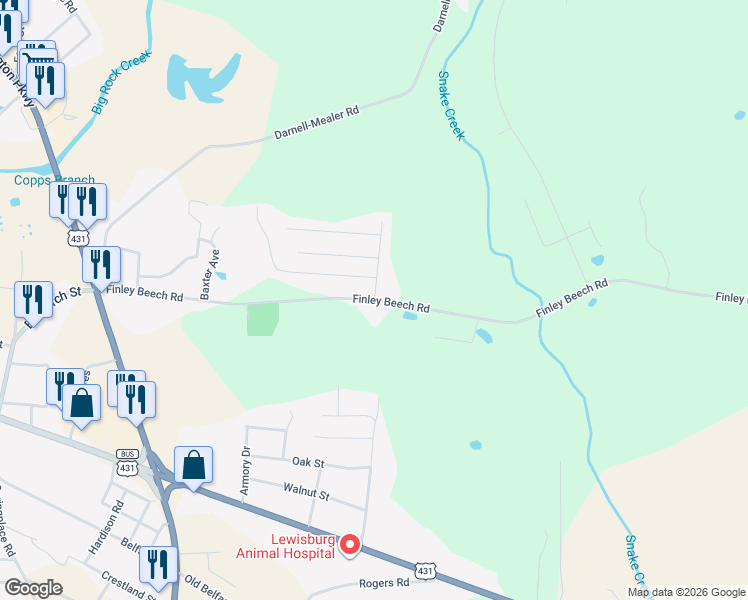 map of restaurants, bars, coffee shops, grocery stores, and more near 1001 Finley Beech Road in Lewisburg