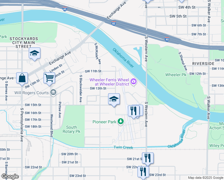 map of restaurants, bars, coffee shops, grocery stores, and more near 1308 Southwest 13th Street in Oklahoma City