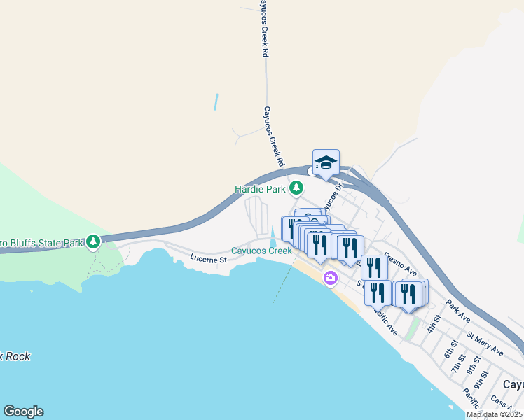 map of restaurants, bars, coffee shops, grocery stores, and more near 350 North Ocean Avenue in Cayucos