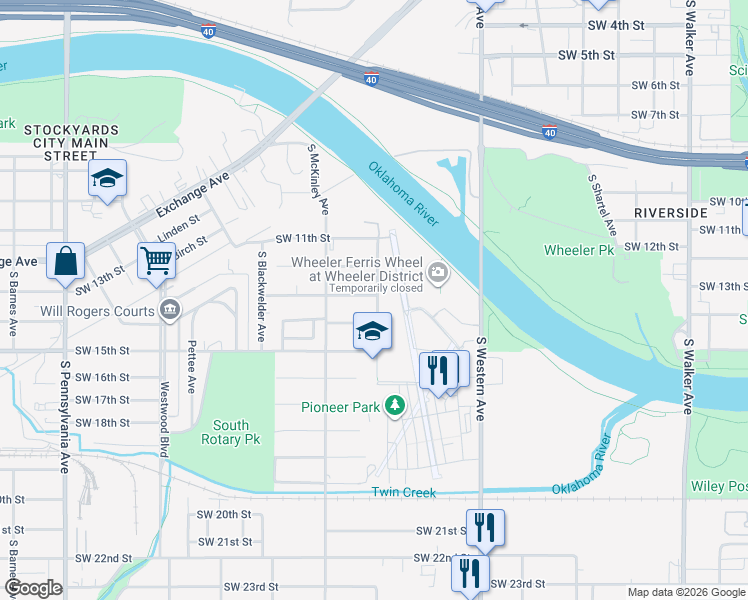 map of restaurants, bars, coffee shops, grocery stores, and more near 1300 Southwest 13th Street in Oklahoma City