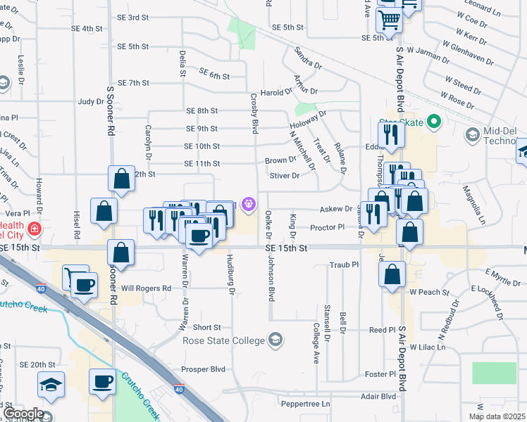map of restaurants, bars, coffee shops, grocery stores, and more near 1505 Oelke Drive in Midwest City