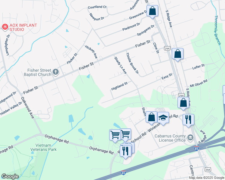map of restaurants, bars, coffee shops, grocery stores, and more near 419 Highland Street in Concord
