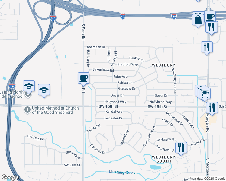 map of restaurants, bars, coffee shops, grocery stores, and more near 10405 Dover Drive in Yukon