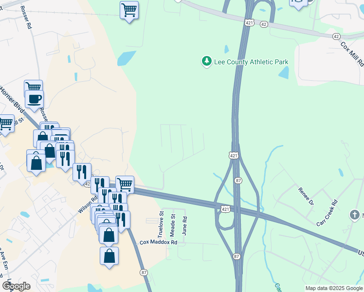 map of restaurants, bars, coffee shops, grocery stores, and more near 57 Bayberry Lane in Sanford