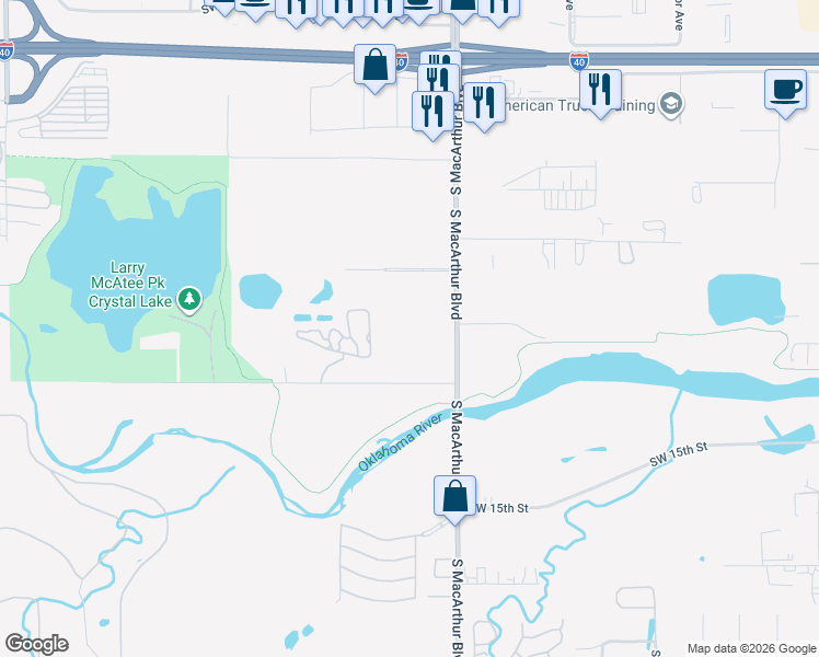 map of restaurants, bars, coffee shops, grocery stores, and more near 1289 South Macarthur Boulevard in Oklahoma City