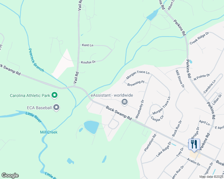 map of restaurants, bars, coffee shops, grocery stores, and more near 106 Benelli Circle in Goldsboro