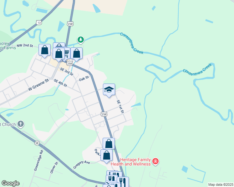 map of restaurants, bars, coffee shops, grocery stores, and more near 202 Southeast 1st Street in Snow Hill