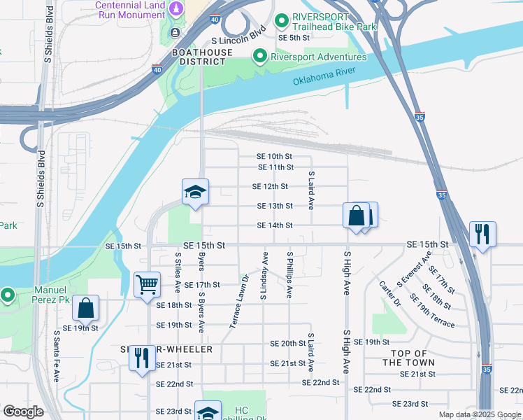 map of restaurants, bars, coffee shops, grocery stores, and more near 628 Southeast 13th Street in Oklahoma City