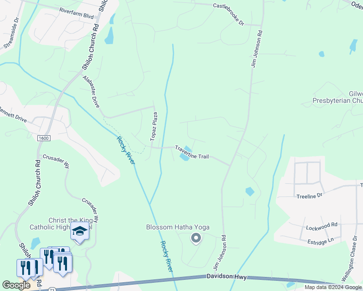map of restaurants, bars, coffee shops, grocery stores, and more near 9952 Travertine Trail in Davidson