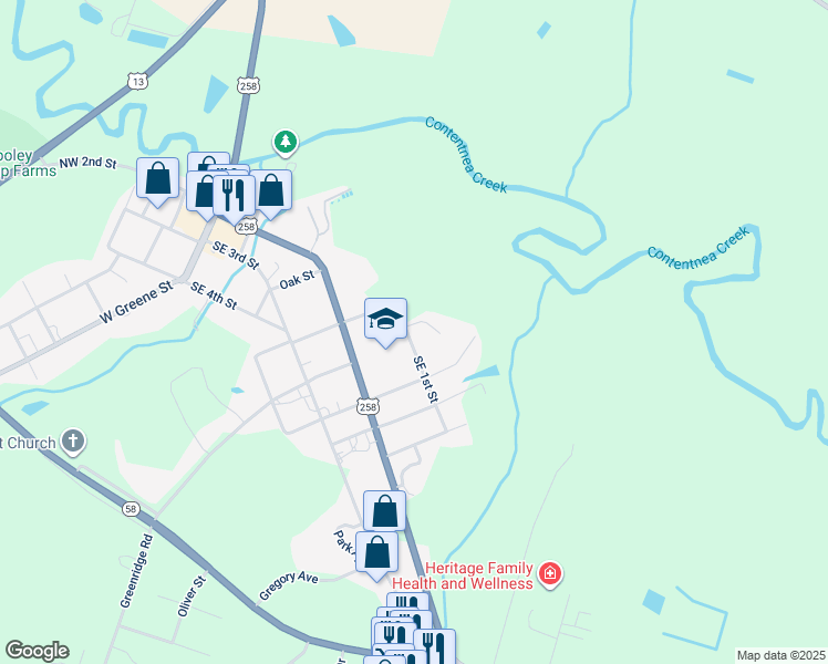 map of restaurants, bars, coffee shops, grocery stores, and more near 202 Southeast 1st Street in Snow Hill