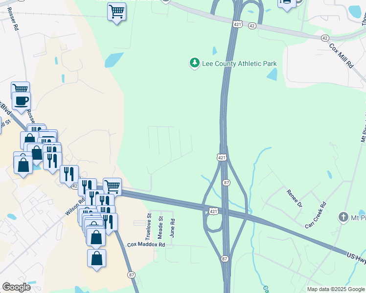 map of restaurants, bars, coffee shops, grocery stores, and more near 57 Bayberry Lane in Sanford