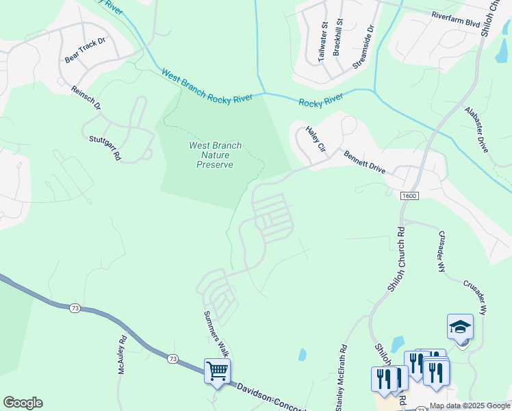 map of restaurants, bars, coffee shops, grocery stores, and more near 16459 Leavitt Lane in Davidson