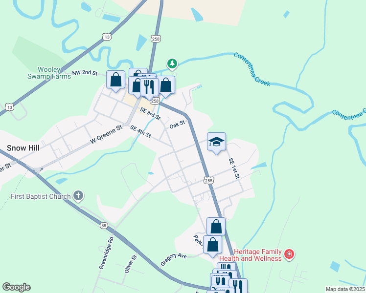 map of restaurants, bars, coffee shops, grocery stores, and more near 106 Dobbs Street in Snow Hill