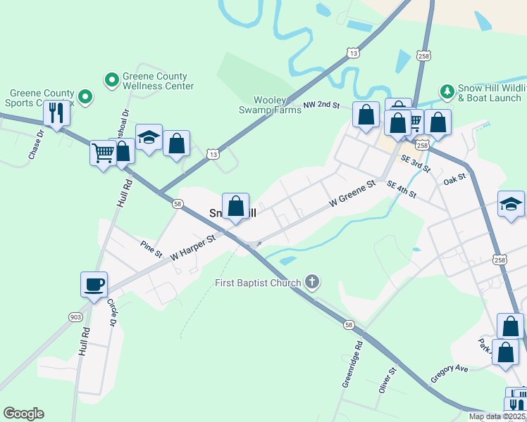 map of restaurants, bars, coffee shops, grocery stores, and more near North Carolina 903 in Snow Hill