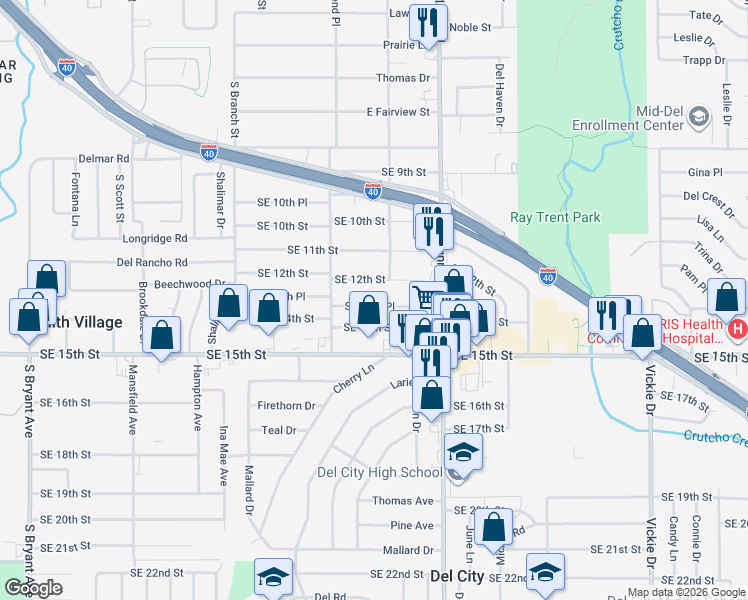 map of restaurants, bars, coffee shops, grocery stores, and more near 4017 Southeast 14th Street in Del City