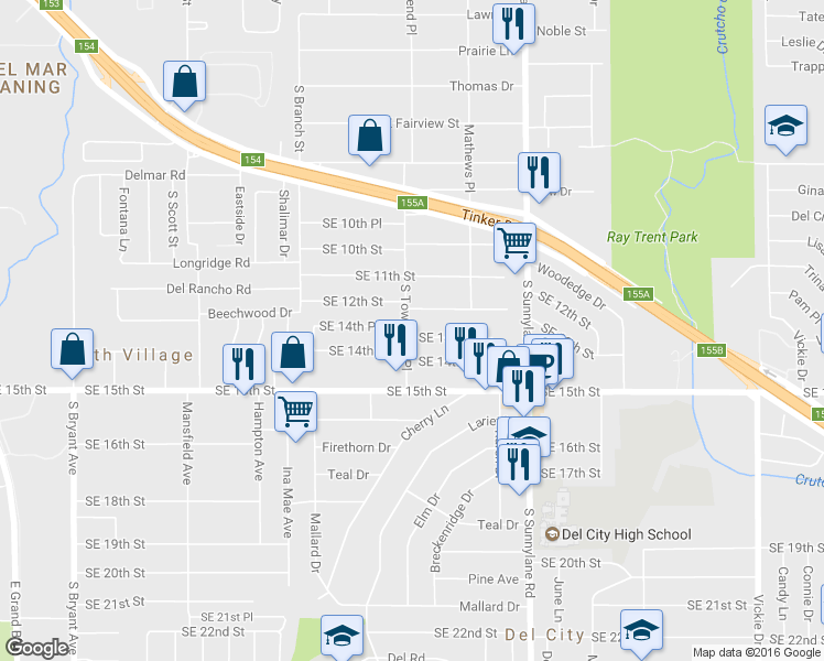 map of restaurants, bars, coffee shops, grocery stores, and more near 4001 Southeast 14th Place in Del City