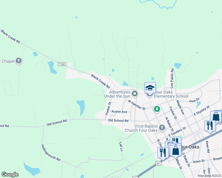 map of restaurants, bars, coffee shops, grocery stores, and more near 864 Black Creek Road in Four Oaks
