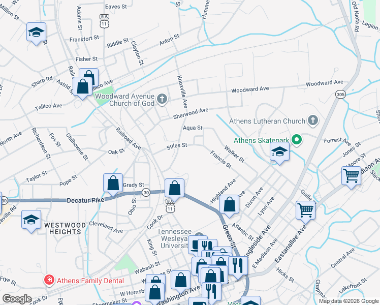 map of restaurants, bars, coffee shops, grocery stores, and more near 205 Knoxville Avenue in Athens