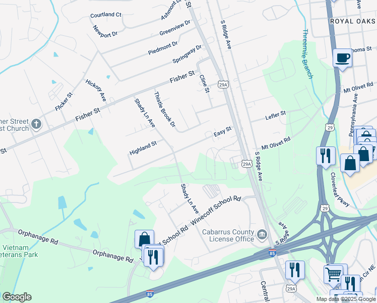 map of restaurants, bars, coffee shops, grocery stores, and more near Easy Street in Concord