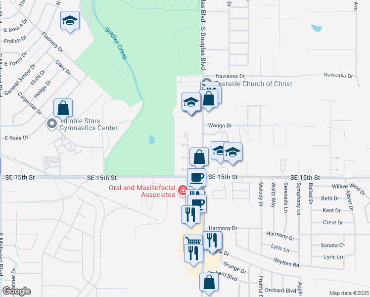 map of restaurants, bars, coffee shops, grocery stores, and more near 8900 Woodbriar Court in Midwest City