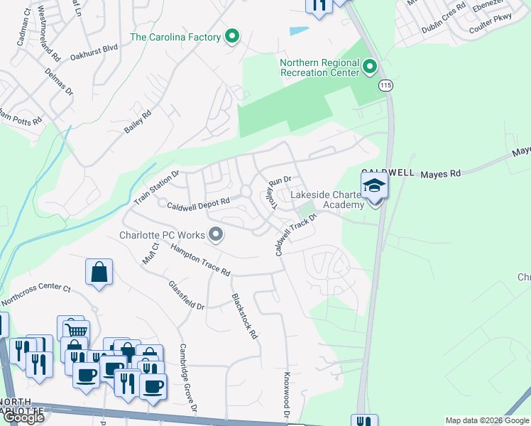 map of restaurants, bars, coffee shops, grocery stores, and more near 15408 Crossing Gate Drive in Cornelius