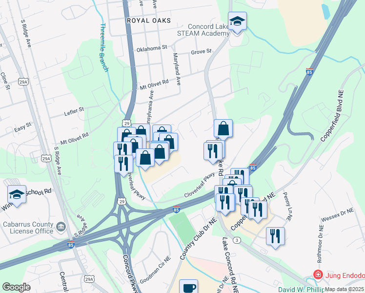 map of restaurants, bars, coffee shops, grocery stores, and more near 250 Bishop Lane in Concord