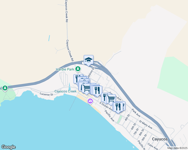 map of restaurants, bars, coffee shops, grocery stores, and more near 301 D Street in Cayucos