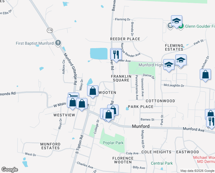 map of restaurants, bars, coffee shops, grocery stores, and more near 60 Pecan Street in Munford