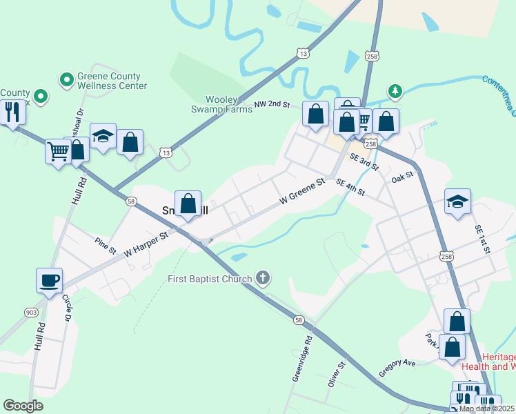 map of restaurants, bars, coffee shops, grocery stores, and more near 213 West Greene Street in Snow Hill