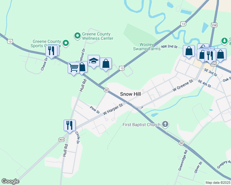map of restaurants, bars, coffee shops, grocery stores, and more near 221 Kingold Boulevard in Snow Hill
