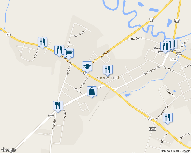map of restaurants, bars, coffee shops, grocery stores, and more near 221 Kingold Boulevard in Snow Hill