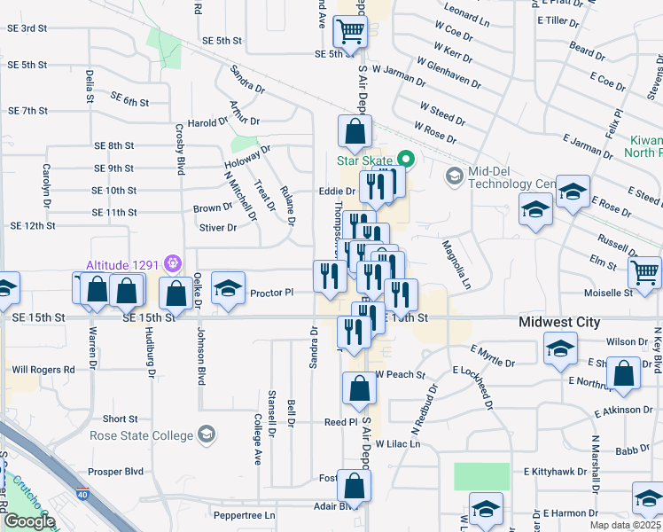 map of restaurants, bars, coffee shops, grocery stores, and more near 6807 Southeast 15th Street in Midwest City