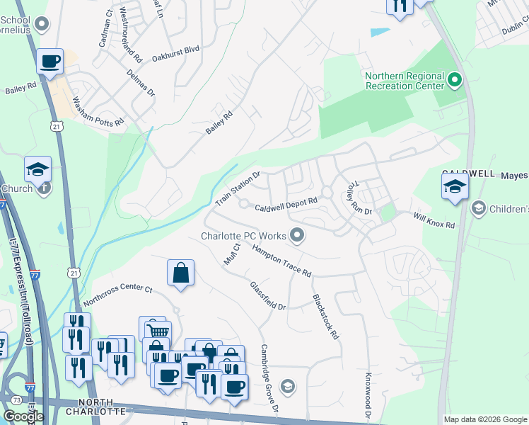 map of restaurants, bars, coffee shops, grocery stores, and more near 9922 Caldwell Depot Road in Cornelius