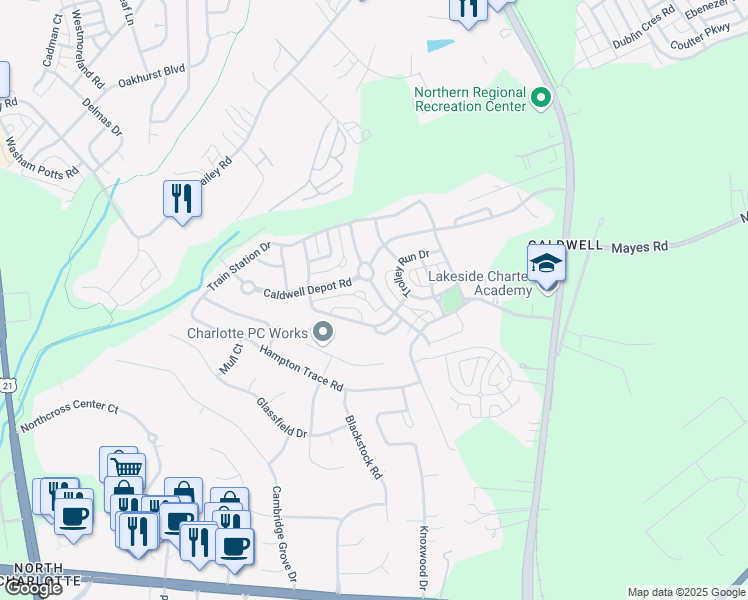 map of restaurants, bars, coffee shops, grocery stores, and more near 15423 Crossing Gate Drive in Cornelius