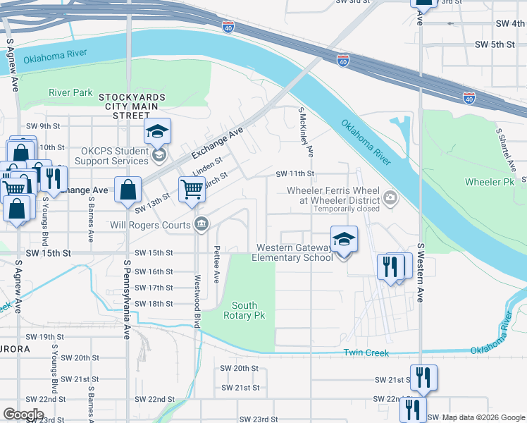 map of restaurants, bars, coffee shops, grocery stores, and more near 1448 Southwest 12th Street in Oklahoma City