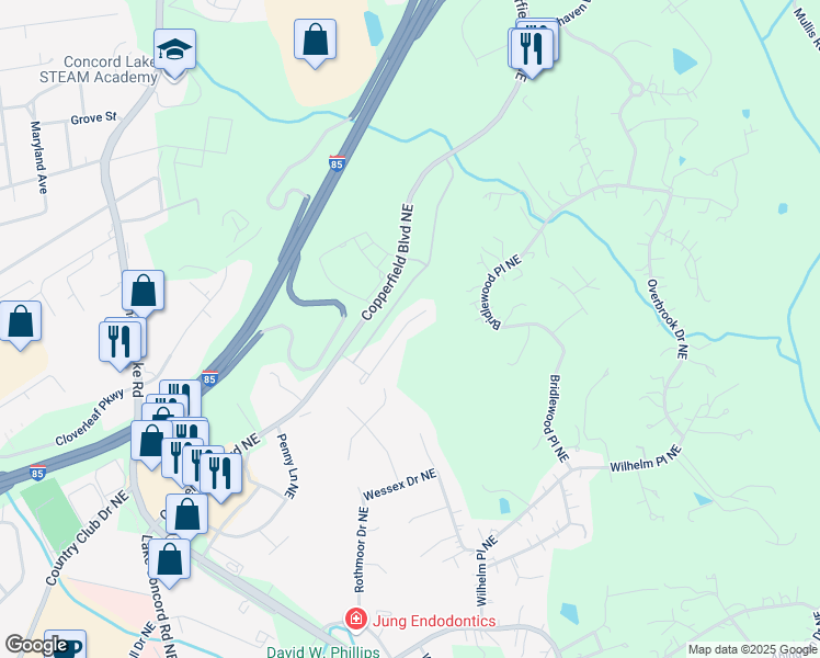 map of restaurants, bars, coffee shops, grocery stores, and more near 2556 Governors Pointe Court Northeast in Concord