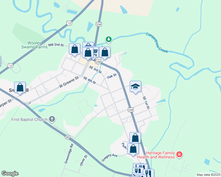 map of restaurants, bars, coffee shops, grocery stores, and more near 312 Southeast 3rd Street in Snow Hill