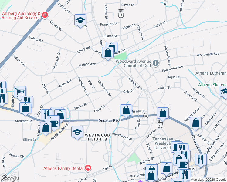 map of restaurants, bars, coffee shops, grocery stores, and more near 114 Peach Street in Athens