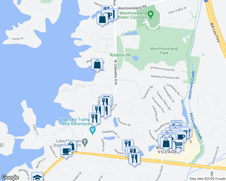 map of restaurants, bars, coffee shops, grocery stores, and more near 17440 Tuscany Lane in Cornelius