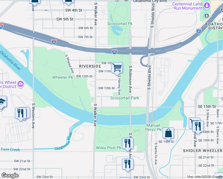 map of restaurants, bars, coffee shops, grocery stores, and more near 412 Southwest 12th Street in Oklahoma City