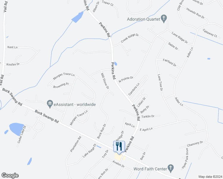 map of restaurants, bars, coffee shops, grocery stores, and more near 116 Mill Stone Drive in Goldsboro