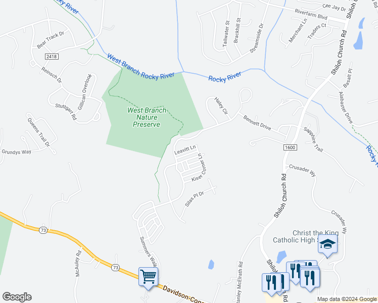 map of restaurants, bars, coffee shops, grocery stores, and more near 16427 Leavitt Lane in Davidson